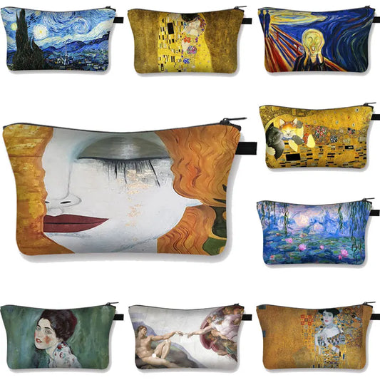 Oil Painting Tears & Kiss by Gustav Klimt | Starry Night & Waterlily Makeup Bag | Women's Cosmetic Case