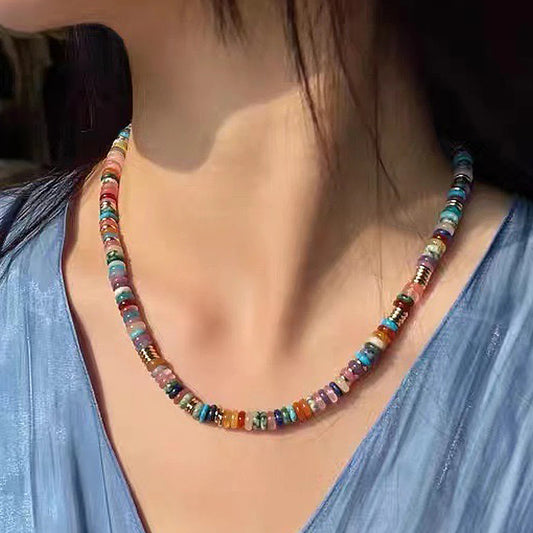 Yumfeel Natural Gemstones Necklaces Bohemian Colorful Stone Handmade Beaded Vacation Neck Jewelry For Women Mother's Day Gift
