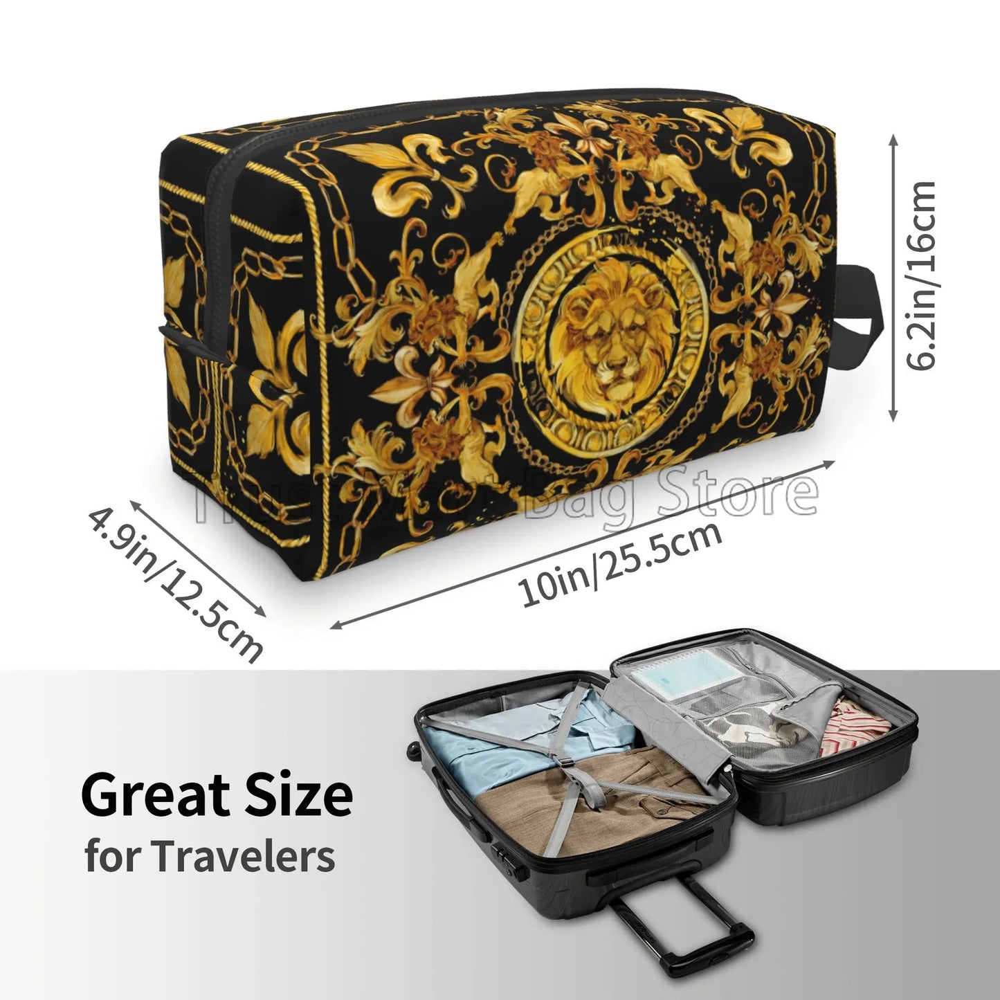 Golden Lion Baroque Makeup Bag – Stylish, Spacious & Travel-Friendly Toiletry Organizer with Zipper