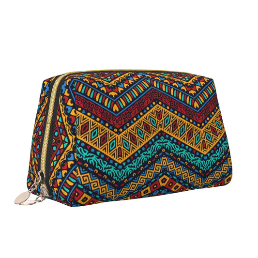 Boho African Tribal Geometric Leather Makeup Bag – Large-Capacity Travel Pouch for Women