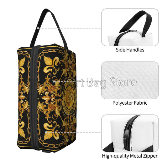 Golden Lion Baroque Makeup Bag – Stylish, Spacious & Travel-Friendly Toiletry Organizer with Zipper